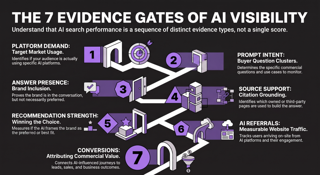 Diagram showing the AI Visibility Evidence Gates for measuring AI search performance